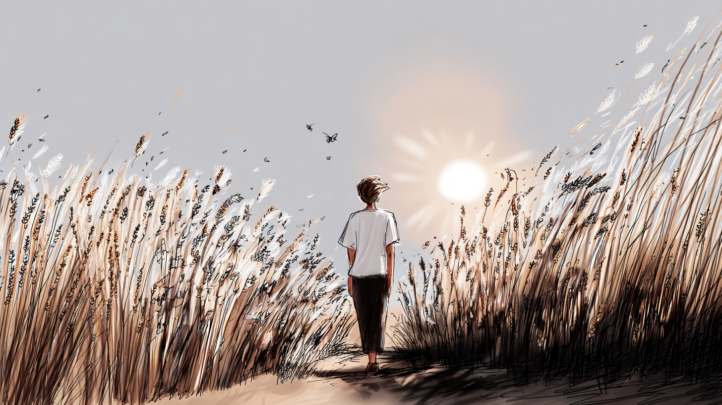 A figure walking through golden grain fields toward a glowing sun